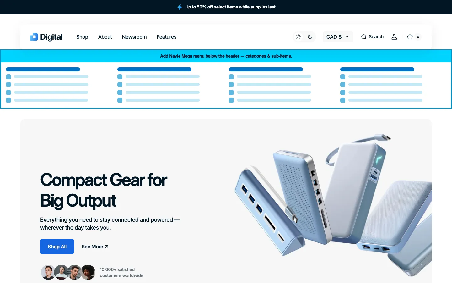 Navi+ Mega Menu inserted below the header on the Digital Shopify theme Navi+ Mega Menu inserted below the header on the Digital Shopify theme