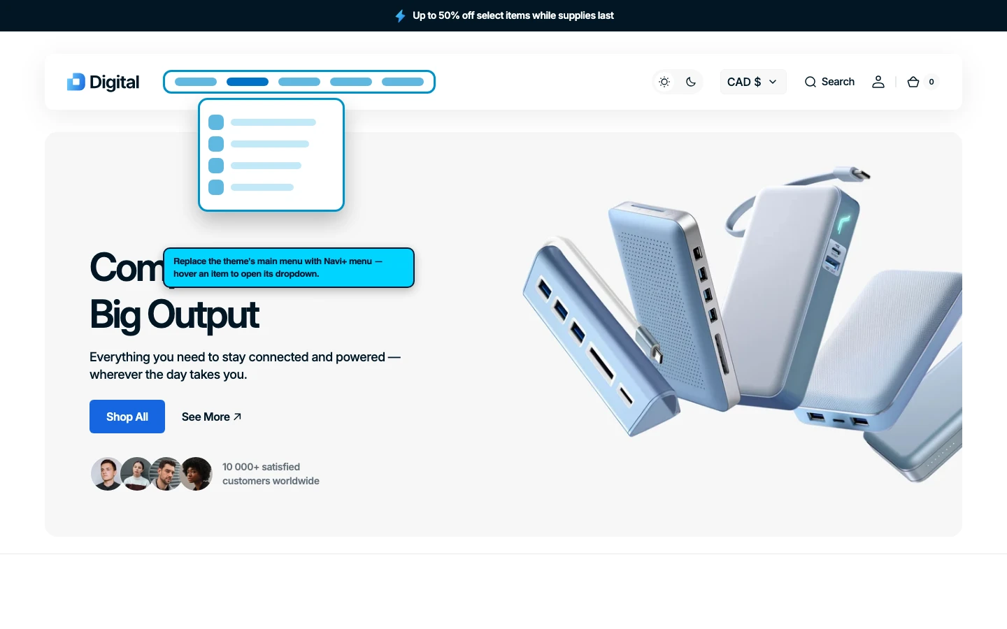 Navi+ Mega Menu replacing the desktop menu on the Digital Shopify theme Navi+ Mega Menu replacing the desktop menu on the Digital Shopify theme