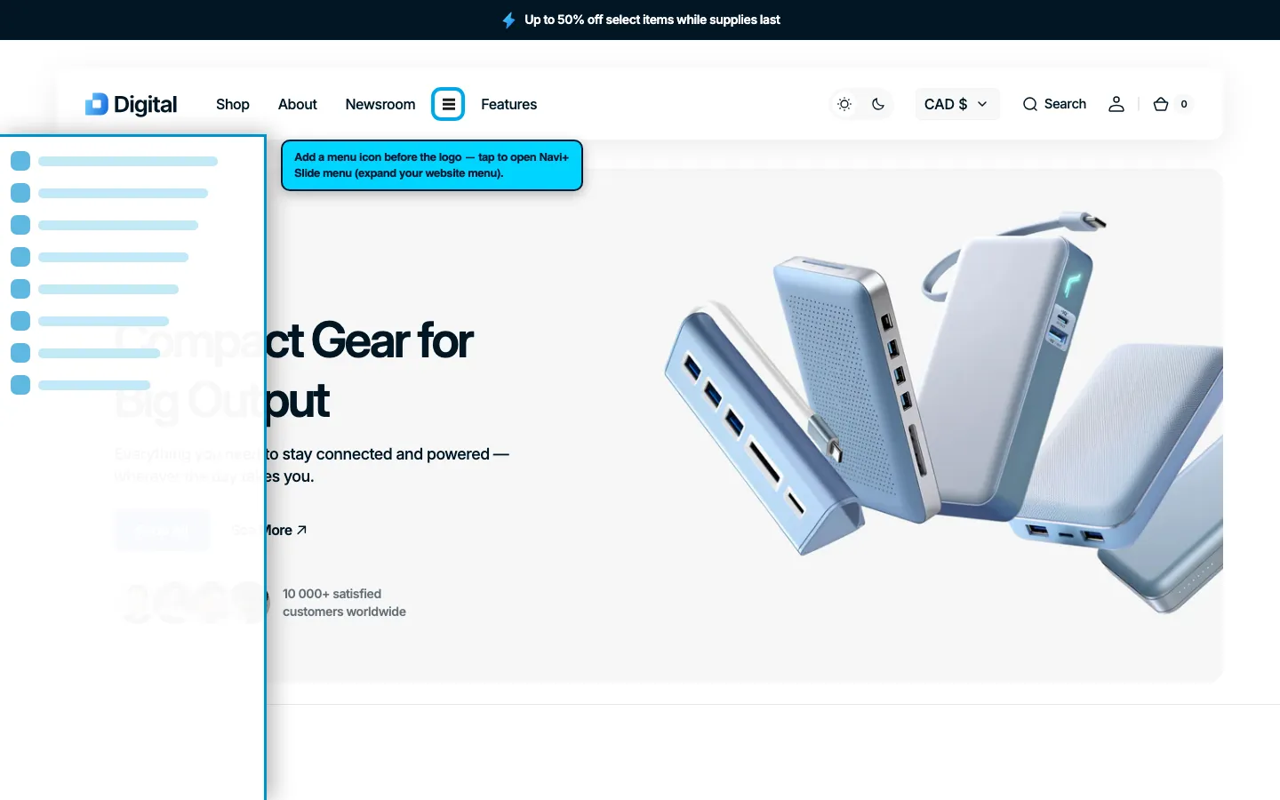 Navi+ trigger icon before the logo on the Digital Shopify theme Navi+ trigger icon before the logo on the Digital Shopify theme