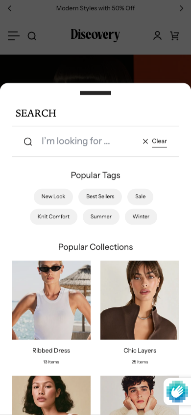 Search → panel opened — Navi+ on the Discovery Shopify theme Search → panel opened — Navi+ on the Discovery Shopify theme