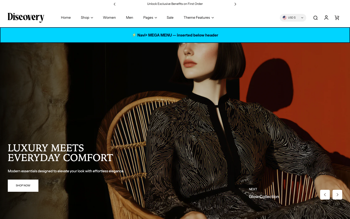 Menu inserted below header — Navi+ on the Discovery Shopify theme Menu inserted below header — Navi+ on the Discovery Shopify theme