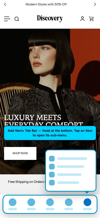 Navi+ Tab Bar on the Discovery Shopify theme Navi+ Tab Bar on the Discovery Shopify theme