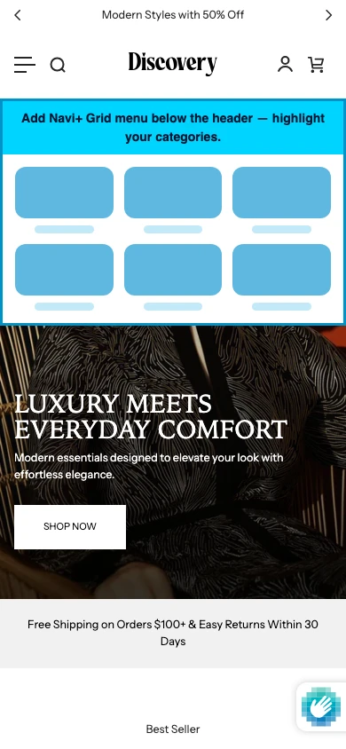 Navi+ Grid Menu on the Discovery Shopify theme Navi+ Grid Menu on the Discovery Shopify theme