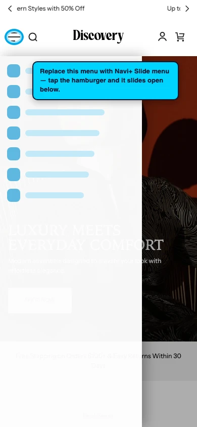 Navi+ Slide Menu on the Discovery Shopify theme Navi+ Slide Menu on the Discovery Shopify theme