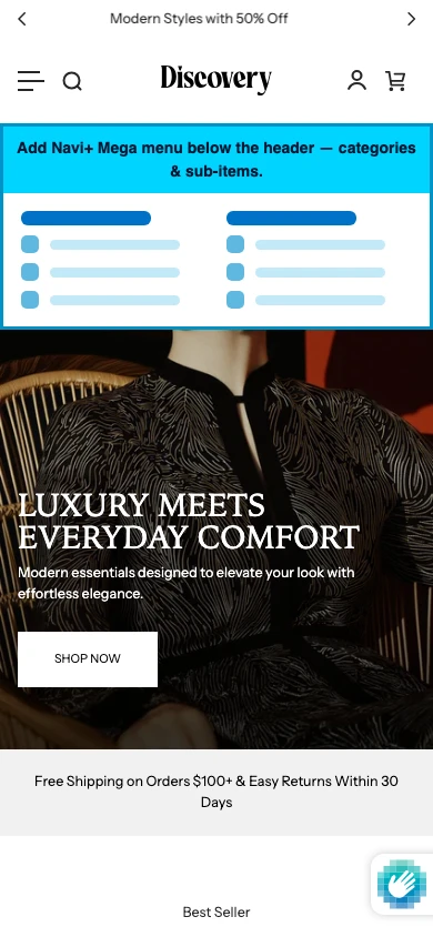 Navi+ mobile Mega Menu on the Discovery Shopify theme Navi+ mobile Mega Menu on the Discovery Shopify theme