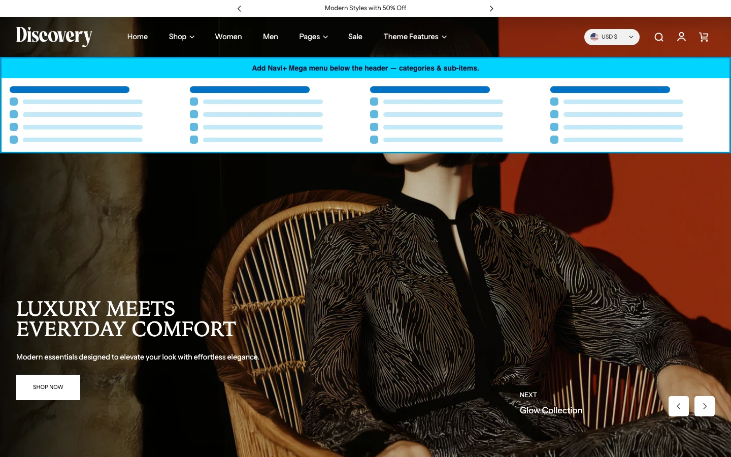 Navi+ Mega Menu inserted below the header on the Discovery Shopify theme Navi+ Mega Menu inserted below the header on the Discovery Shopify theme