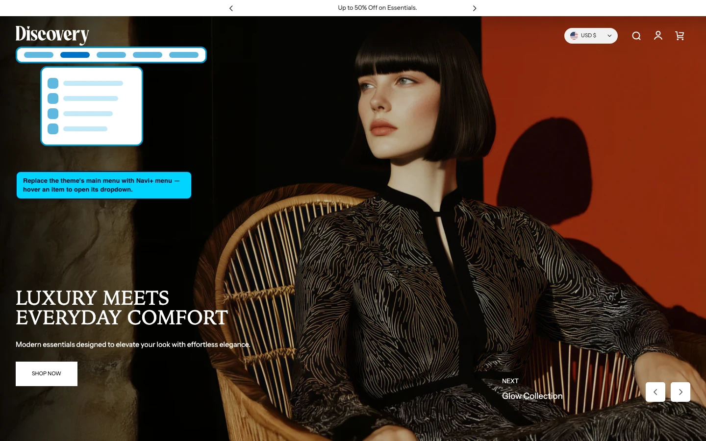 Navi+ Mega Menu replacing the desktop menu on the Discovery Shopify theme Navi+ Mega Menu replacing the desktop menu on the Discovery Shopify theme