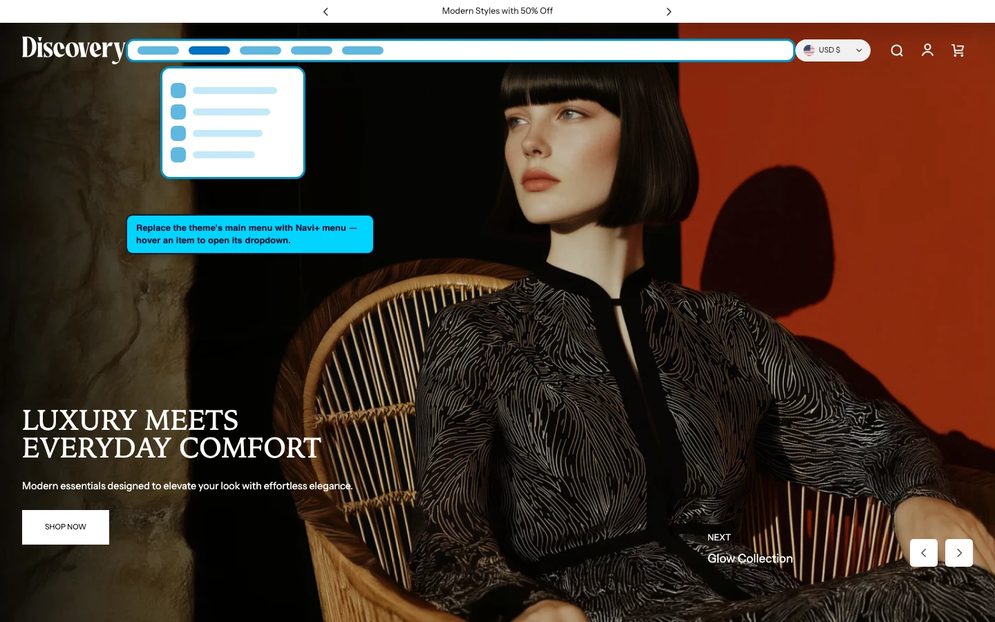 Navi+ Mega Menu replacing the desktop menu on the Discovery Shopify theme Navi+ Mega Menu replacing the desktop menu on the Discovery Shopify theme