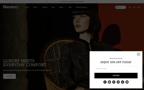 Full-page desktop screenshot of Shopify Discovery theme demo store