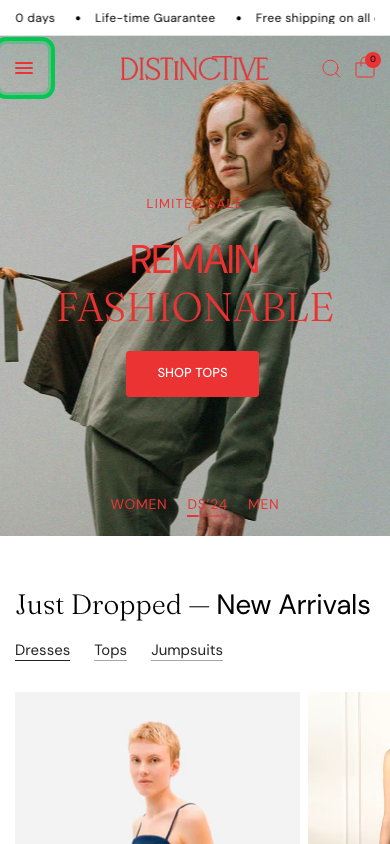 Hamburger → panel opened — Navi+ on the Distinctive Shopify theme Hamburger → panel opened — Navi+ on the Distinctive Shopify theme
