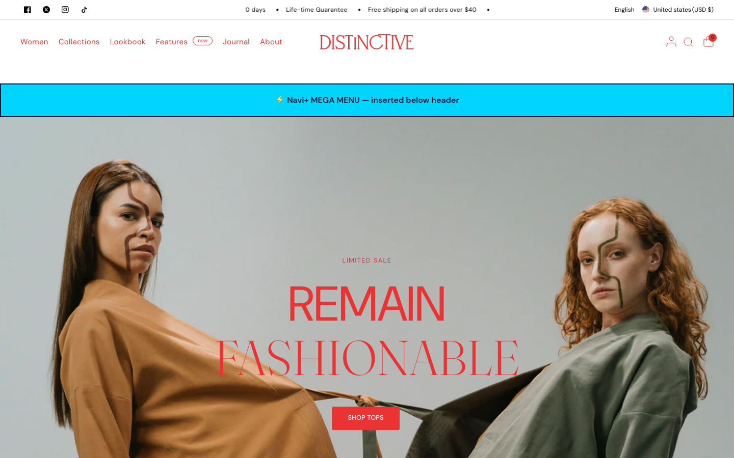 Menu inserted below header — Navi+ on the Distinctive Shopify theme Menu inserted below header — Navi+ on the Distinctive Shopify theme