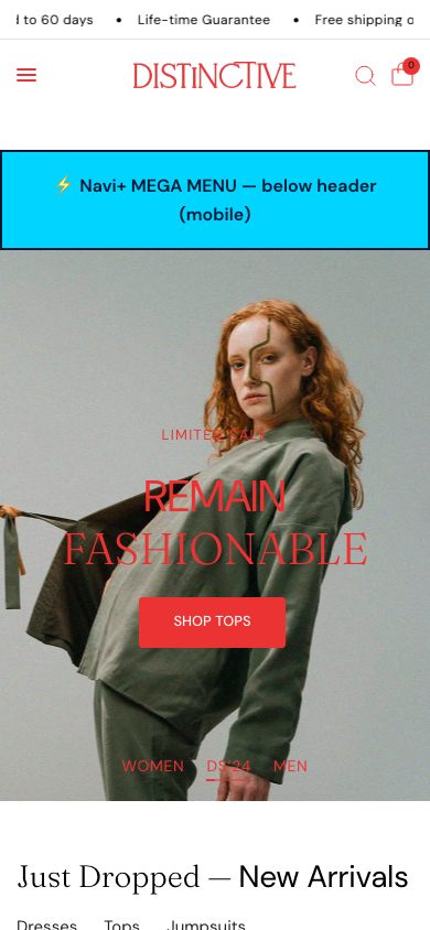 Menu inserted below header — Navi+ on the Distinctive Shopify theme Menu inserted below header — Navi+ on the Distinctive Shopify theme