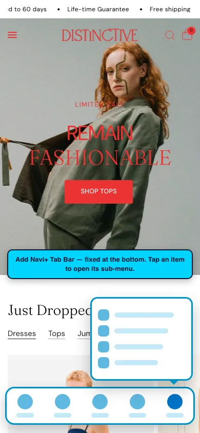 Navi+ Tab Bar on the Distinctive Shopify theme Navi+ Tab Bar on the Distinctive Shopify theme