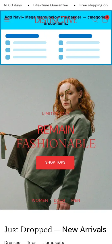 Navi+ mobile Mega Menu on the Distinctive Shopify theme Navi+ mobile Mega Menu on the Distinctive Shopify theme