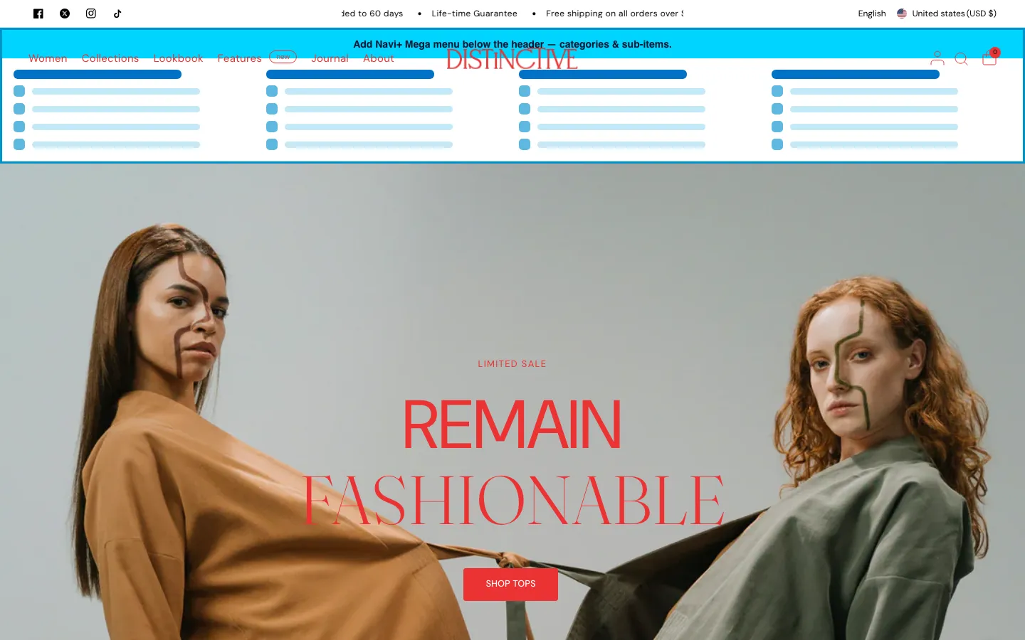 Navi+ Mega Menu inserted below the header on the Distinctive Shopify theme Navi+ Mega Menu inserted below the header on the Distinctive Shopify theme