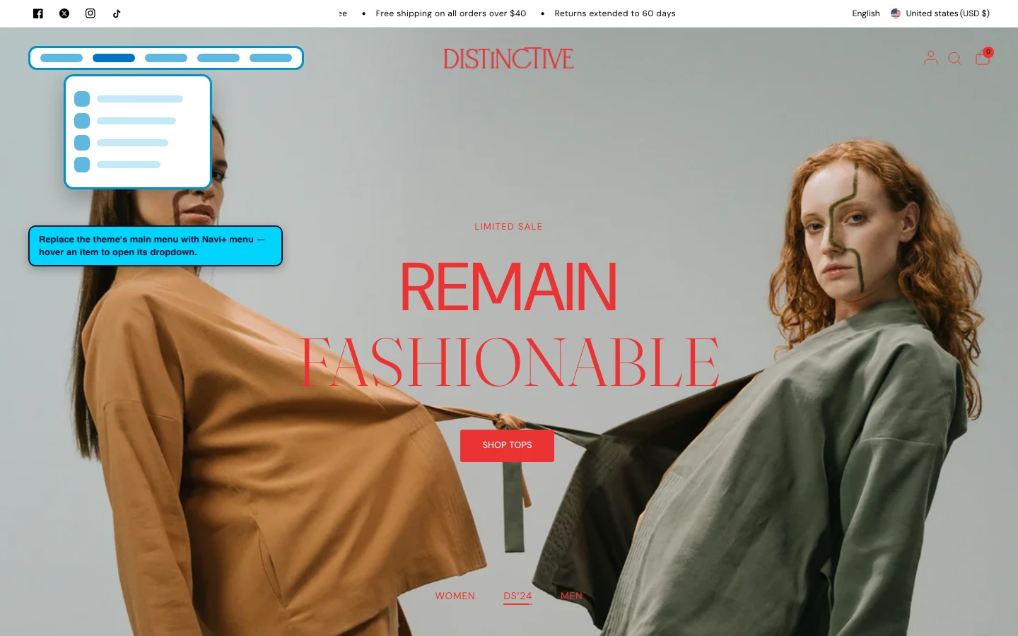 Navi+ Mega Menu replacing the desktop menu on the Distinctive Shopify theme Navi+ Mega Menu replacing the desktop menu on the Distinctive Shopify theme