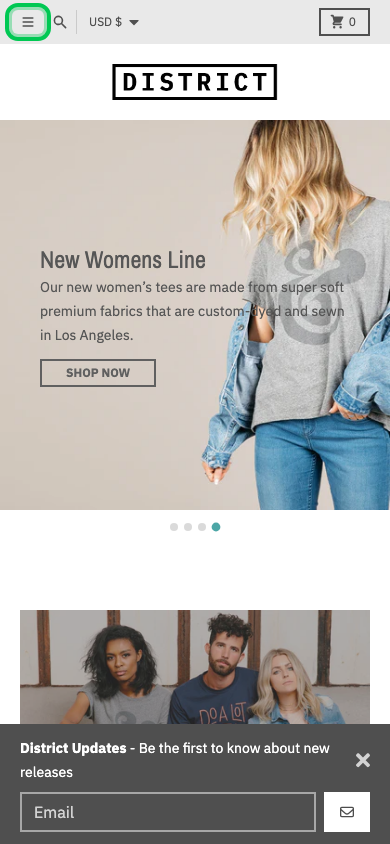 Hamburger → panel opened — Navi+ on the District Shopify theme