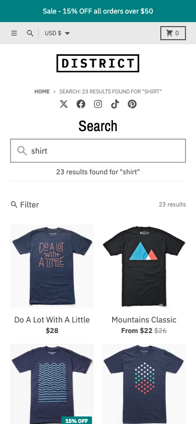 Search → panel opened — Navi+ on the District Shopify theme