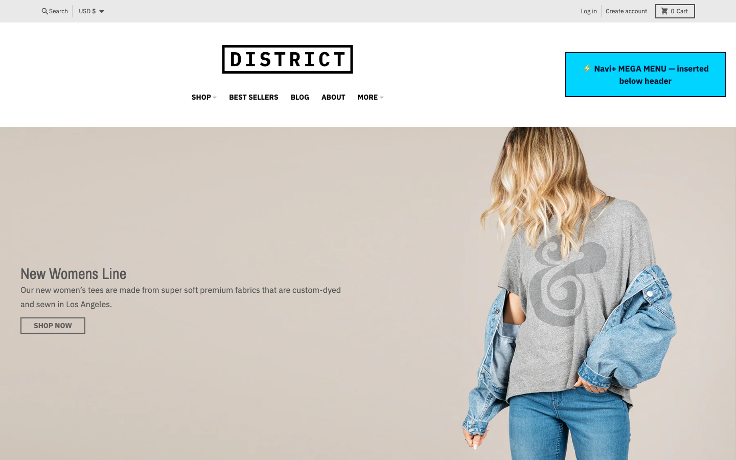 Menu inserted below header — Navi+ on the District Shopify theme