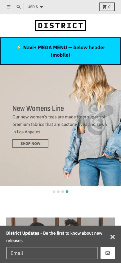 Menu inserted below header — Navi+ on the District Shopify theme