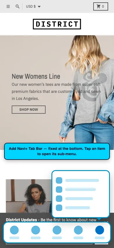 Navi+ Tab Bar on the District Shopify theme Navi+ Tab Bar on the District Shopify theme
