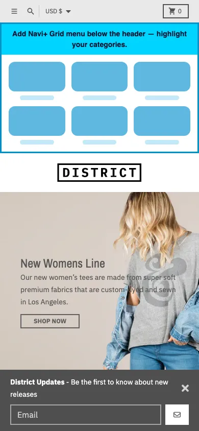 Navi+ Grid Menu on the District Shopify theme Navi+ Grid Menu on the District Shopify theme