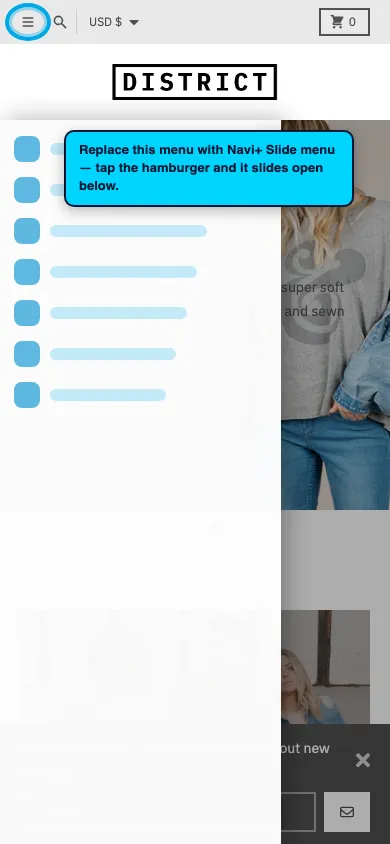 Navi+ Slide Menu on the District Shopify theme Navi+ Slide Menu on the District Shopify theme