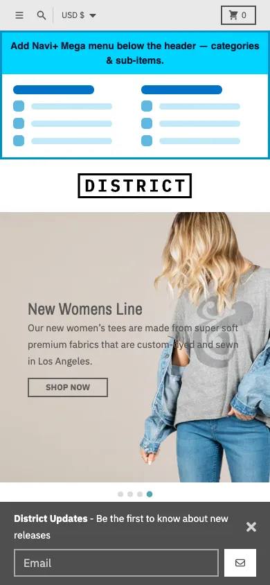 Navi+ mobile Mega Menu on the District Shopify theme Navi+ mobile Mega Menu on the District Shopify theme