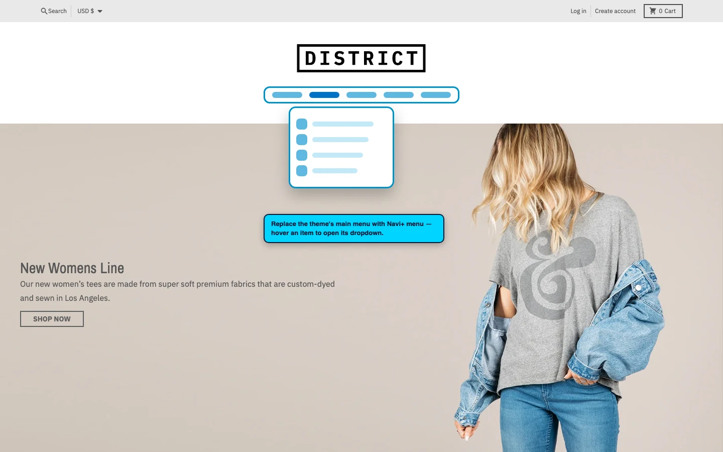 Navi+ Mega Menu replacing the desktop menu on the District Shopify theme Navi+ Mega Menu replacing the desktop menu on the District Shopify theme