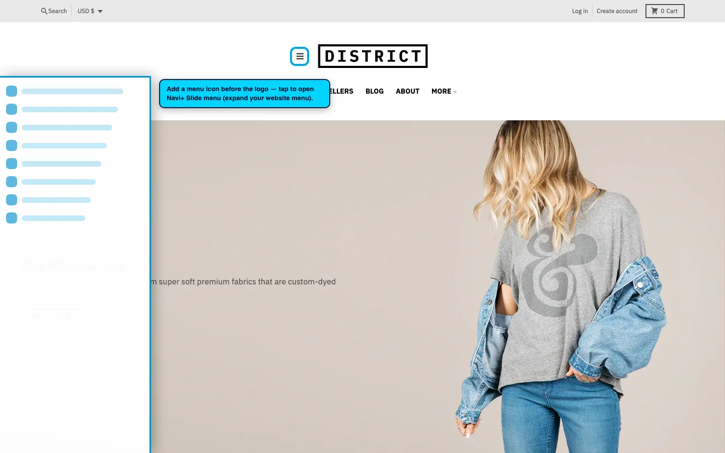 Navi+ trigger icon before the logo on the District Shopify theme Navi+ trigger icon before the logo on the District Shopify theme