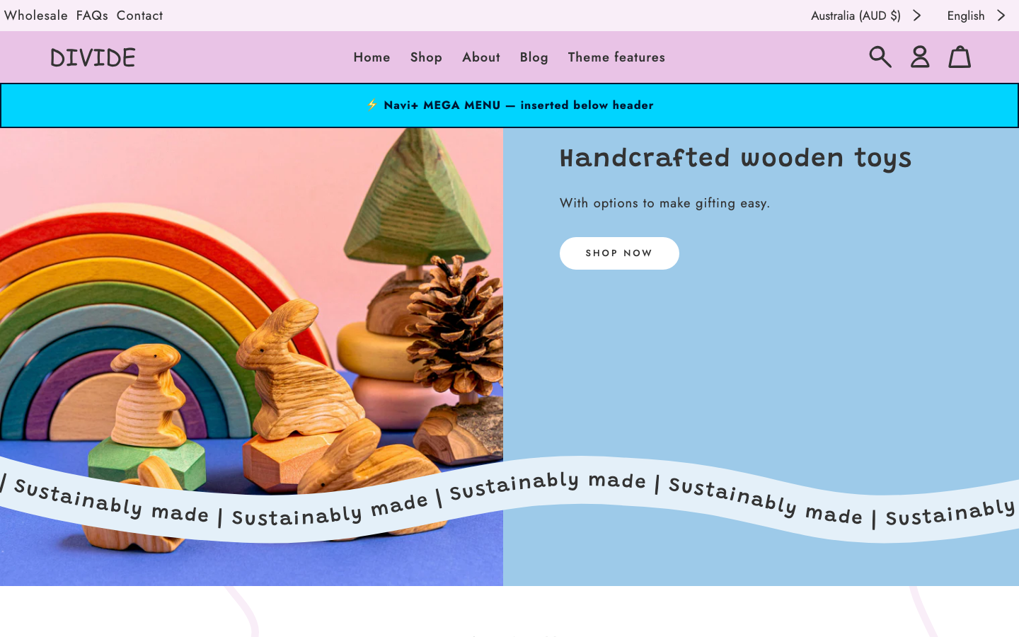 Menu inserted below header — Navi+ on the Divide Shopify theme Menu inserted below header — Navi+ on the Divide Shopify theme