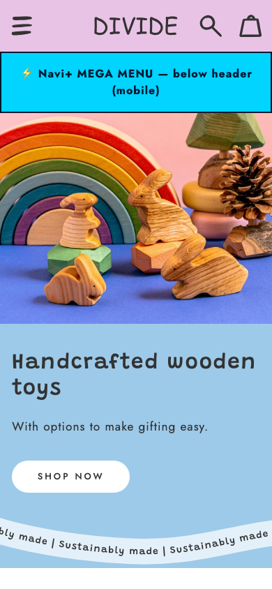 Menu inserted below header — Navi+ on the Divide Shopify theme Menu inserted below header — Navi+ on the Divide Shopify theme