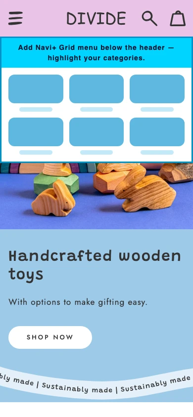 Navi+ Grid Menu on the Divide Shopify theme Navi+ Grid Menu on the Divide Shopify theme