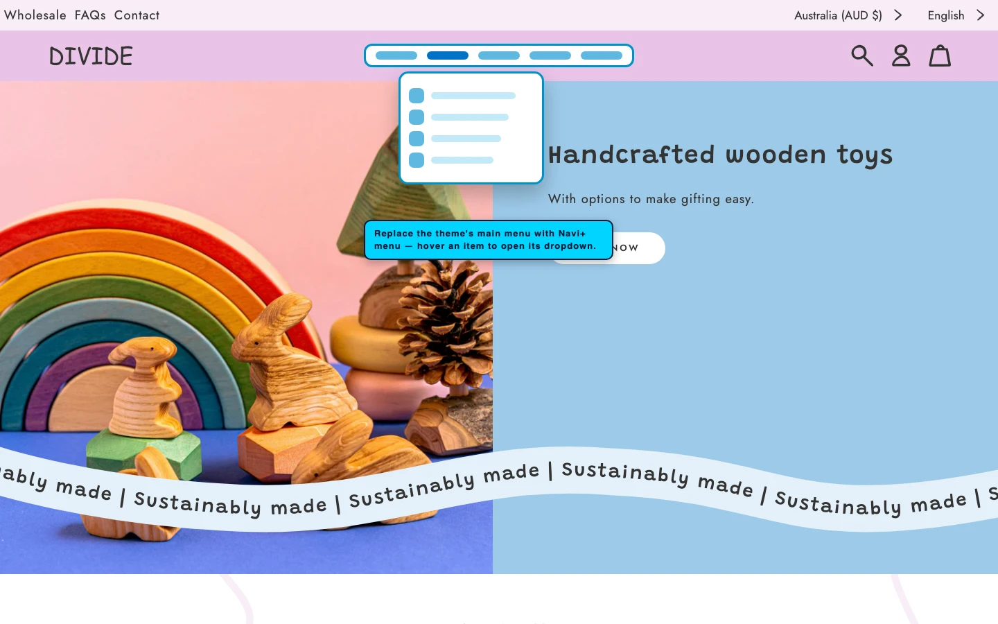 Navi+ Mega Menu replacing the desktop menu on the Divide Shopify theme Navi+ Mega Menu replacing the desktop menu on the Divide Shopify theme