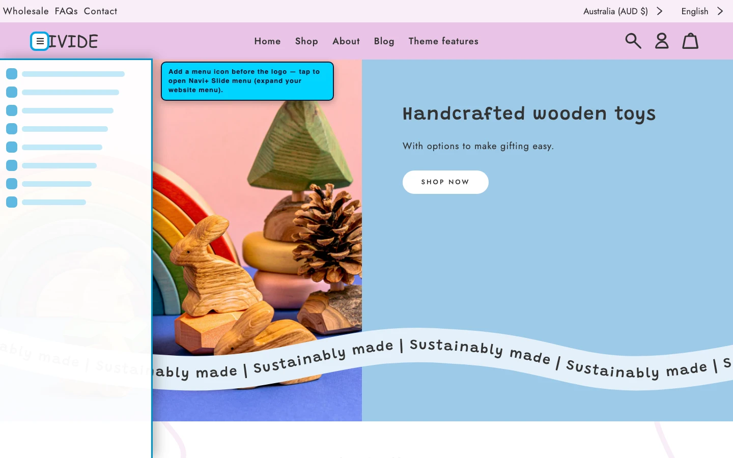 Navi+ trigger icon before the logo on the Divide Shopify theme Navi+ trigger icon before the logo on the Divide Shopify theme