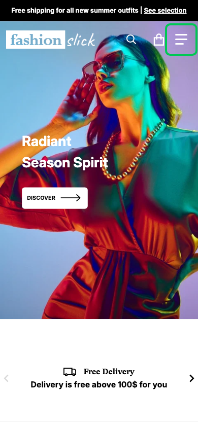 Hamburger → panel opened — Navi+ on the Divine Shopify theme Hamburger → panel opened — Navi+ on the Divine Shopify theme