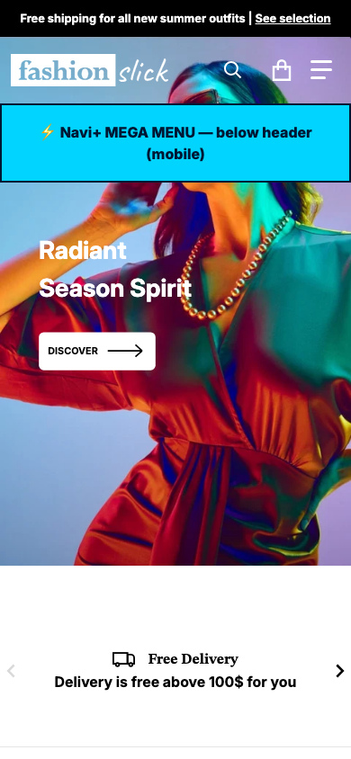 Menu inserted below header — Navi+ on the Divine Shopify theme Menu inserted below header — Navi+ on the Divine Shopify theme