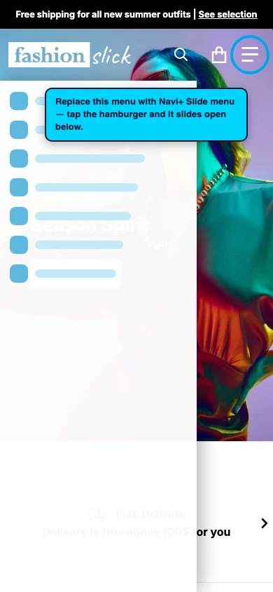 Navi+ Slide Menu on the Divine Shopify theme Navi+ Slide Menu on the Divine Shopify theme