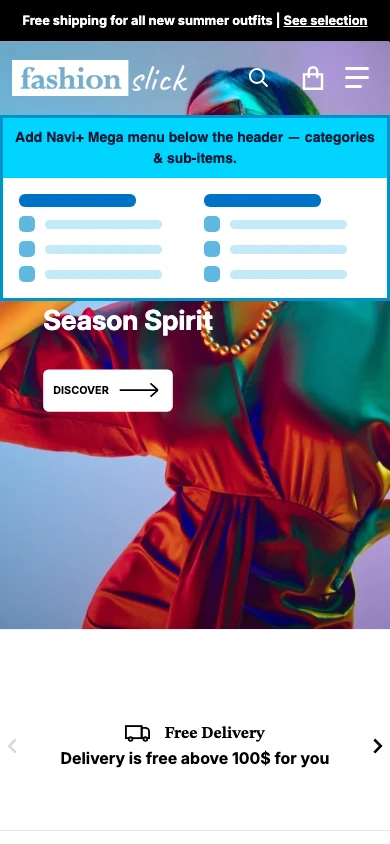 Navi+ mobile Mega Menu on the Divine Shopify theme Navi+ mobile Mega Menu on the Divine Shopify theme