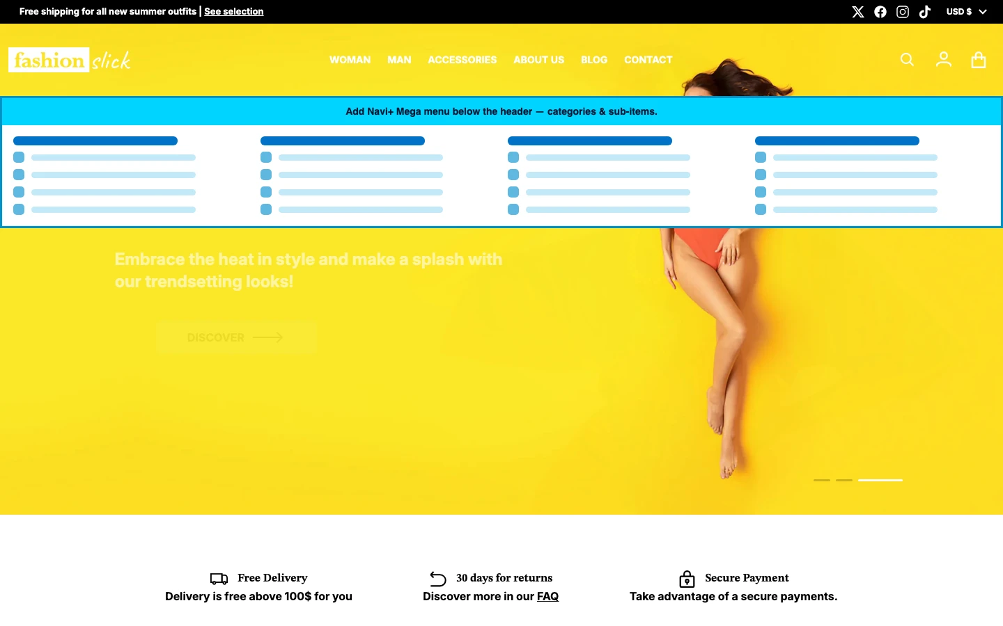 Navi+ Mega Menu inserted below the header on the Divine Shopify theme Navi+ Mega Menu inserted below the header on the Divine Shopify theme