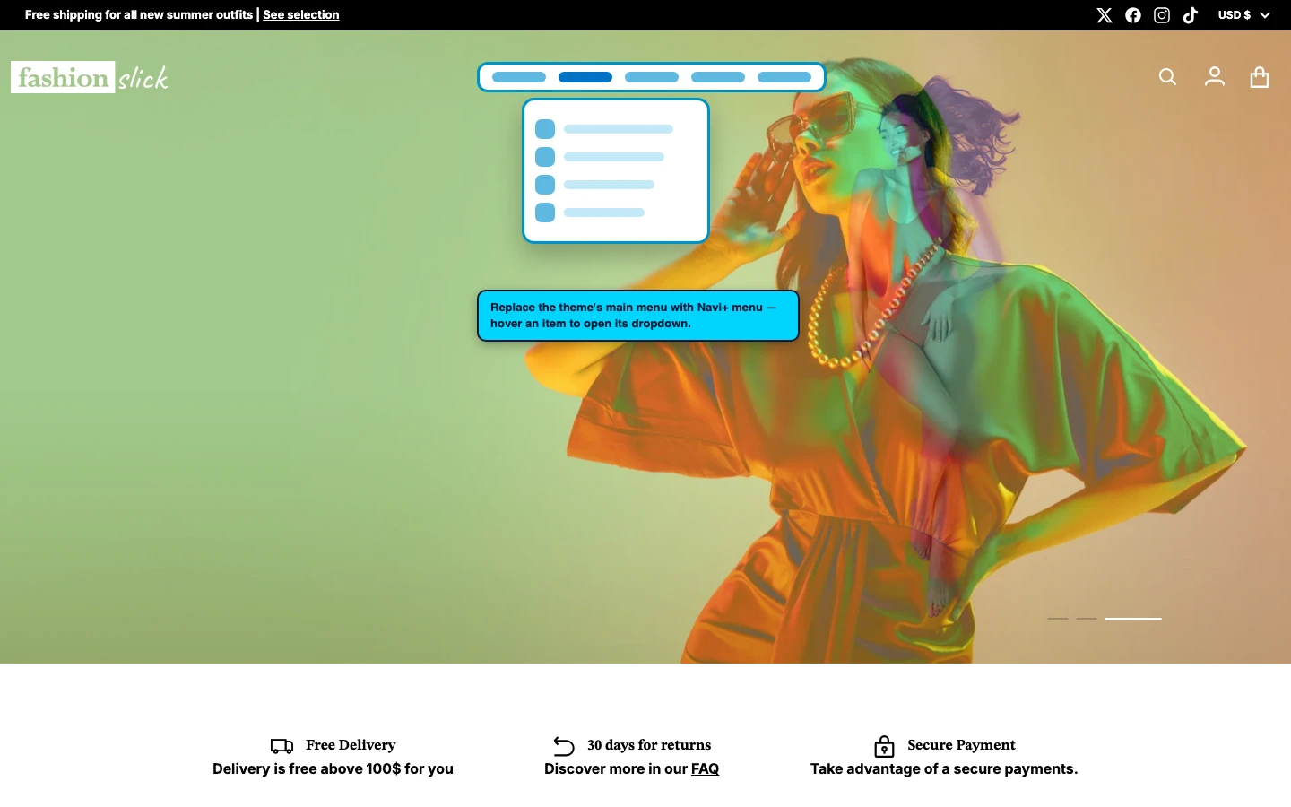 Navi+ Mega Menu replacing the desktop menu on the Divine Shopify theme Navi+ Mega Menu replacing the desktop menu on the Divine Shopify theme