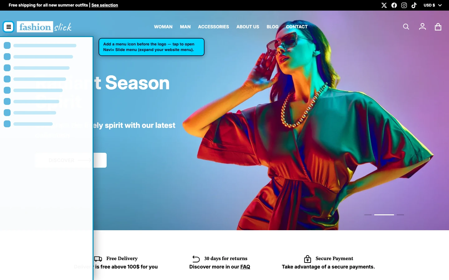 Navi+ trigger icon before the logo on the Divine Shopify theme Navi+ trigger icon before the logo on the Divine Shopify theme