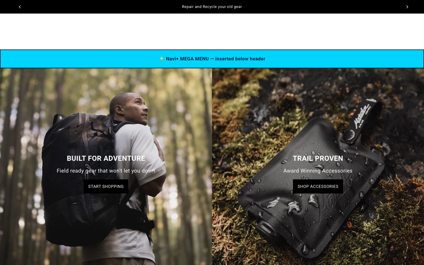 Menu inserted below header — Navi+ on the Drop Shopify theme Menu inserted below header — Navi+ on the Drop Shopify theme