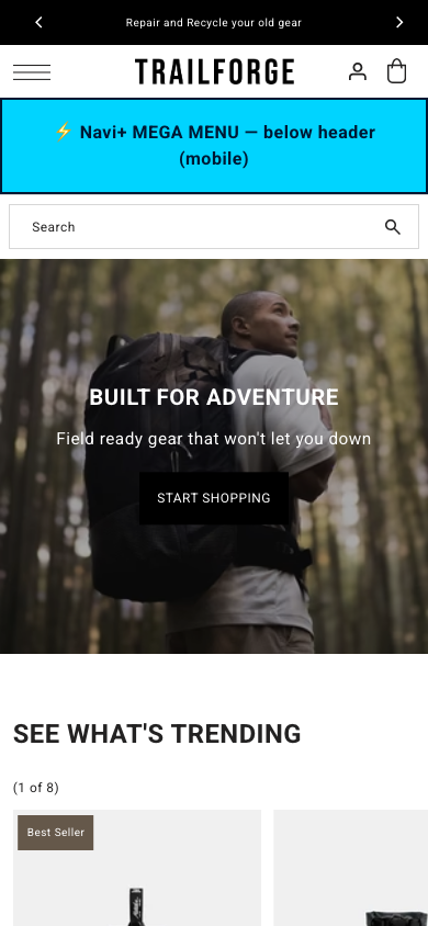 Menu inserted below header — Navi+ on the Drop Shopify theme Menu inserted below header — Navi+ on the Drop Shopify theme