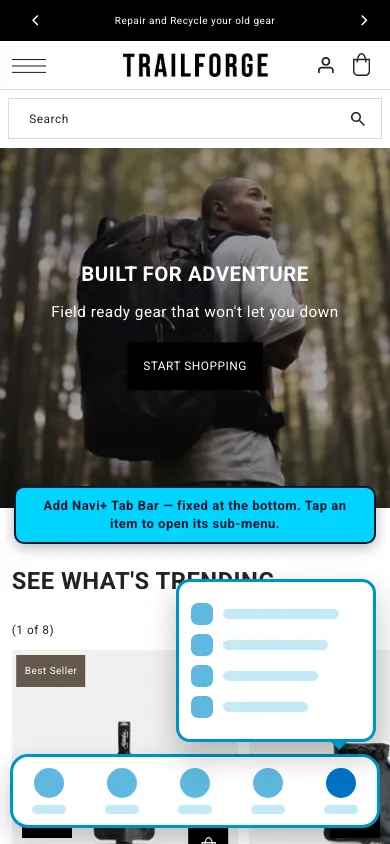 Navi+ Tab Bar on the Drop Shopify theme Navi+ Tab Bar on the Drop Shopify theme