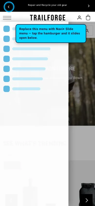 Navi+ Slide Menu on the Drop Shopify theme Navi+ Slide Menu on the Drop Shopify theme