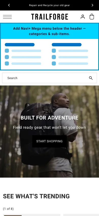 Navi+ mobile Mega Menu on the Drop Shopify theme Navi+ mobile Mega Menu on the Drop Shopify theme