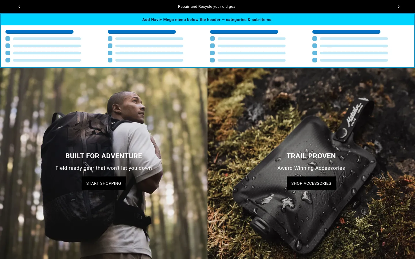 Navi+ Mega Menu inserted below the header on the Drop Shopify theme Navi+ Mega Menu inserted below the header on the Drop Shopify theme