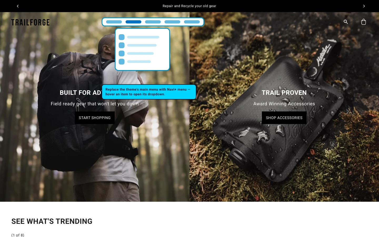 Navi+ Mega Menu replacing the desktop menu on the Drop Shopify theme Navi+ Mega Menu replacing the desktop menu on the Drop Shopify theme