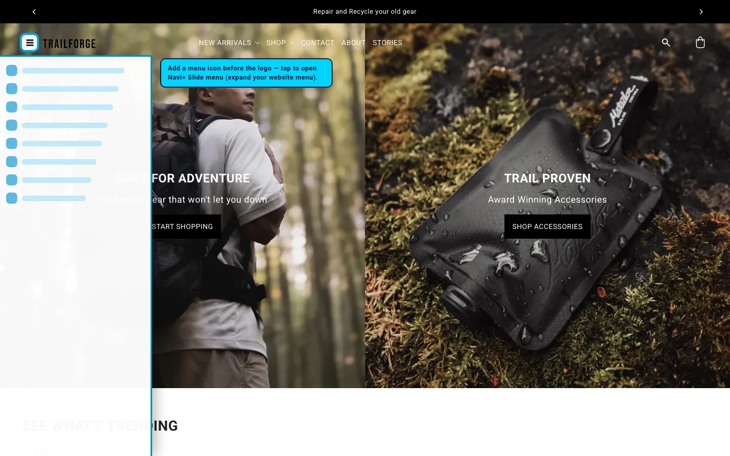 Navi+ trigger icon before the logo on the Drop Shopify theme Navi+ trigger icon before the logo on the Drop Shopify theme